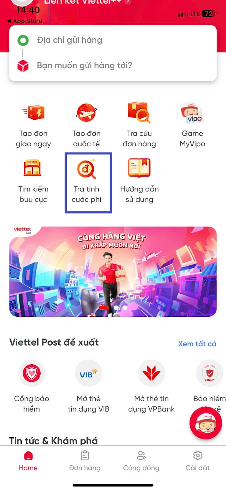 Tra cứu cước phí qua ứng dụng (App) Viettel Post