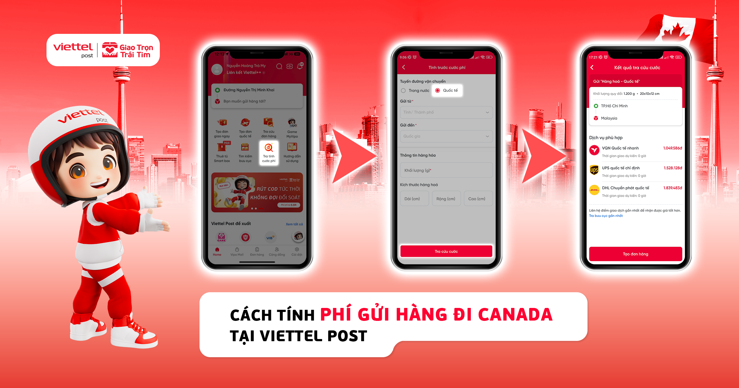 tính phí gửi hàng đi Canada trên app ViettelPost